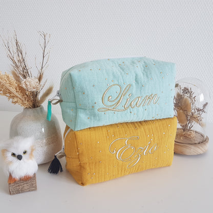 Trousse à maquillage double gaze de coton à pois dorés (broderie prénom)