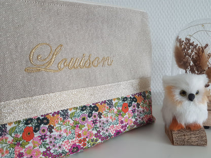 Grande pochette / trousse beige scintillant et liberty orange