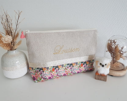 Grande pochette / trousse beige scintillant et liberty orange