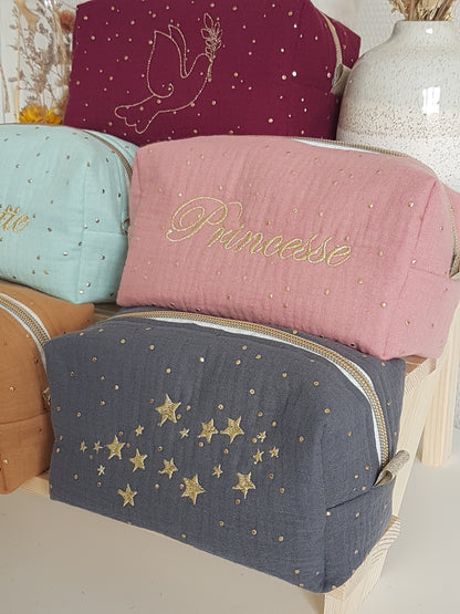 Trousse à maquillage motif brodé, double gaze de coton à pois dorés