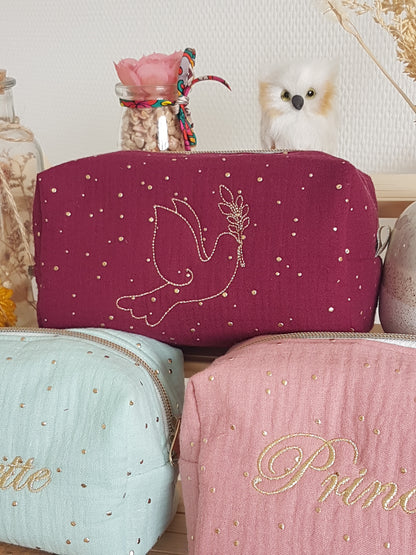 Trousse à maquillage motif brodé, double gaze de coton à pois dorés