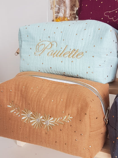Trousse à maquillage motif brodé, double gaze de coton à pois dorés