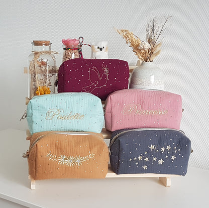 Trousse à maquillage motif brodé, double gaze de coton à pois dorés