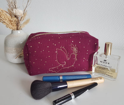 Trousse à maquillage motif brodé, double gaze de coton à pois dorés