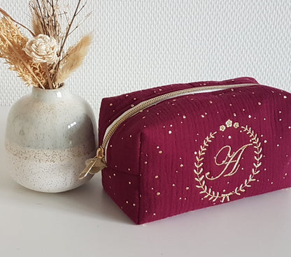 Trousse à maquillage motif brodé, double gaze de coton à pois dorés