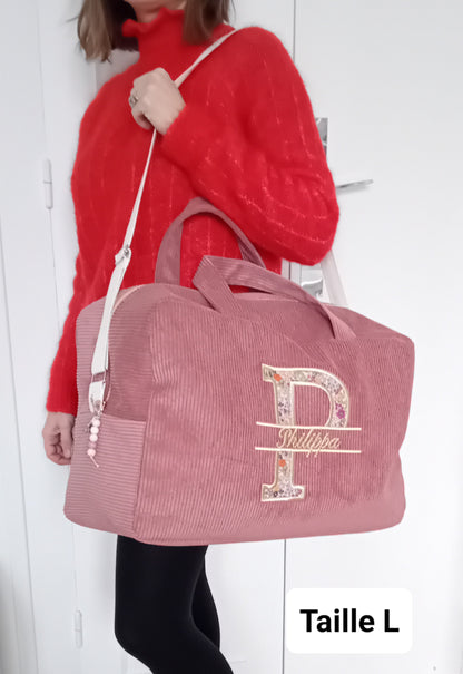 Sac à langer ou de voyage en velours côtelé sable et broderie lion