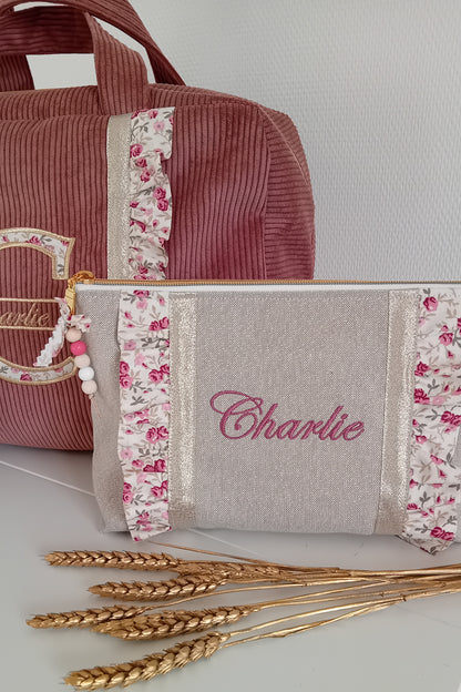 Grande pochette / trousse à volants beige scintillant et liberty vieux rose
