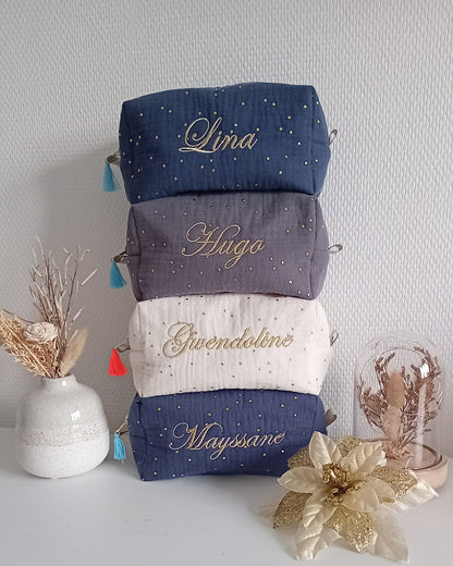 Trousse à maquillage double gaze de coton à pois dorés (broderie prénom)