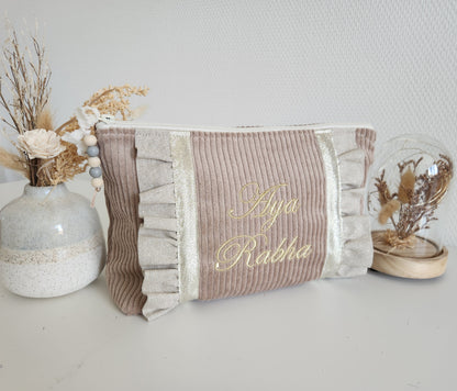 Grande pochette / trousse beige scintillant et velours côtelé beige