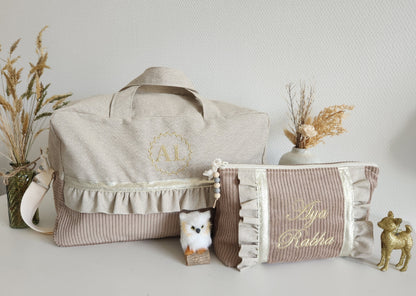 Grande pochette / trousse beige scintillant et velours côtelé beige