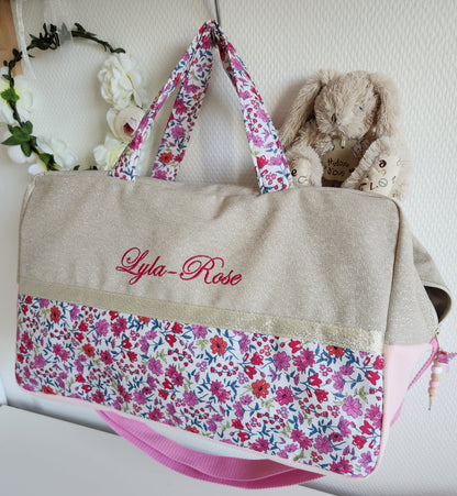 Sac à langer ou de voyage, beige scintillant et liberty rose