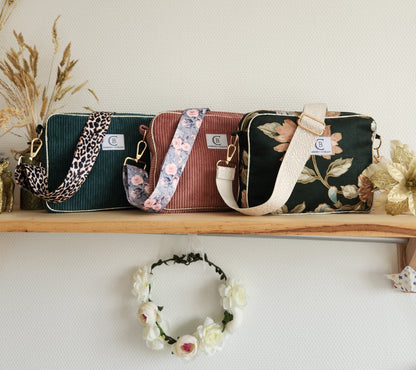 EN STOCK : Sac à main bandoulière femme, velours ou coton fleuri. Bandoulière au choix