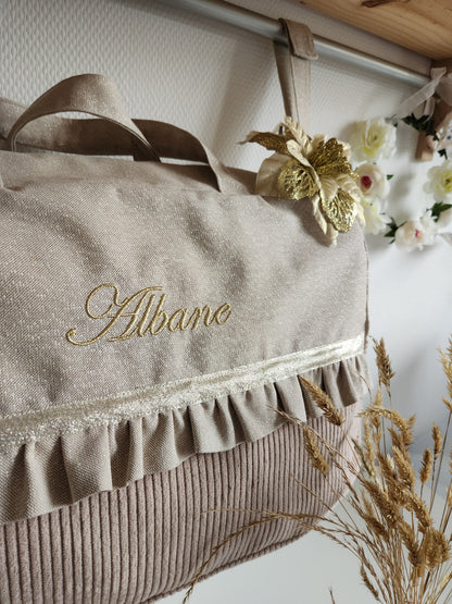 Sac à langer ou de voyage coton beige scintillant et velours côtelé