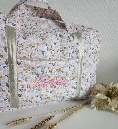 Sac à langer ou de voyage, coton fleuri molletonné rose pâle et gris