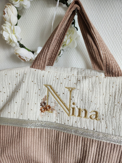 Sac à langer en gaze de coton écrue et velours côtelé beige