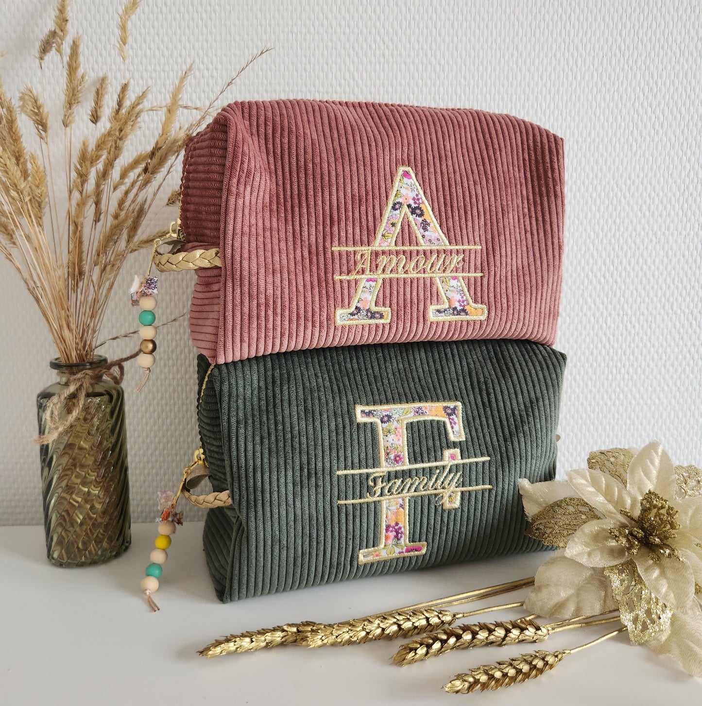 Corduroy toiletry bag, initial embroidery in floral fabric