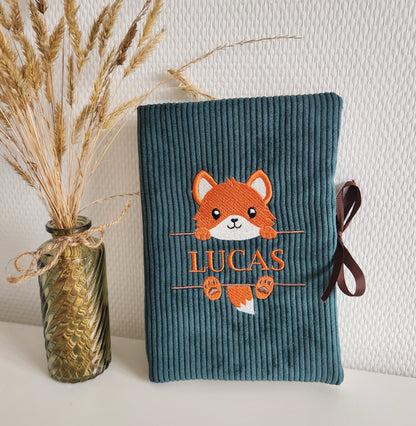 Protège carnet de santé, velours et broderie renard