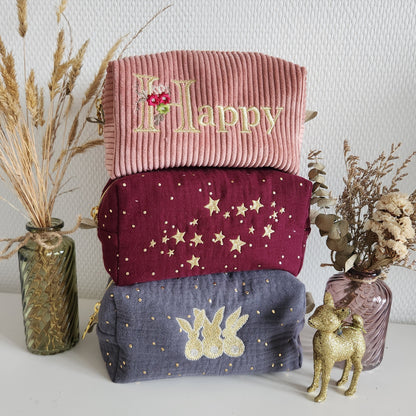 Double cotton gauze makeup bag with gold polka dots (name embroidery)