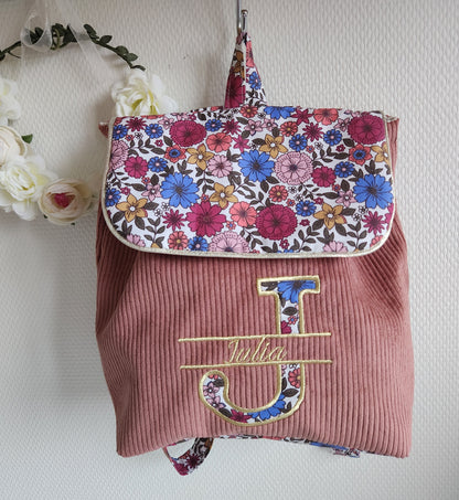 Bestickter Kindergartenrucksack, schimmernde Baumwolle und Liberty