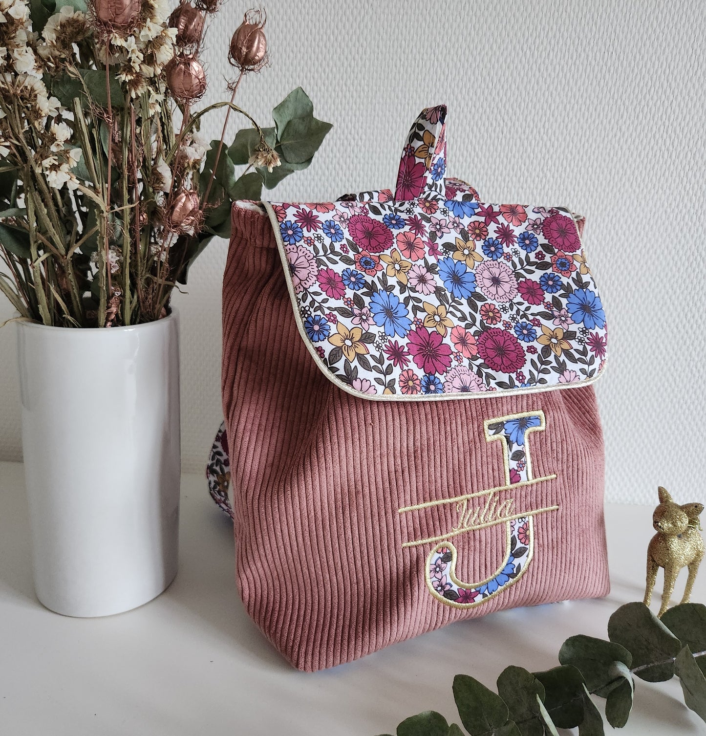 Bestickter Kindergartenrucksack, schimmernde Baumwolle und Liberty