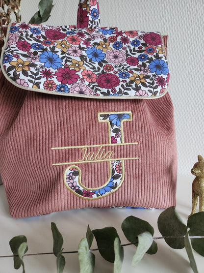 Bestickter Kindergartenrucksack, schimmernde Baumwolle und Liberty