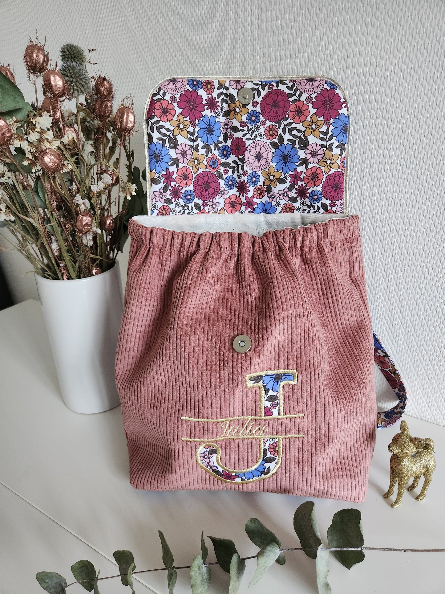 Bestickter Kindergartenrucksack, schimmernde Baumwolle und Liberty