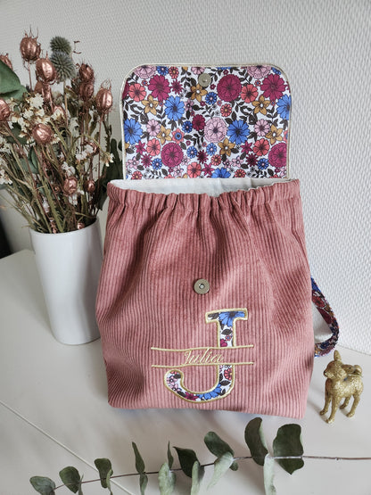 Bestickter Kindergartenrucksack, schimmernde Baumwolle und Liberty