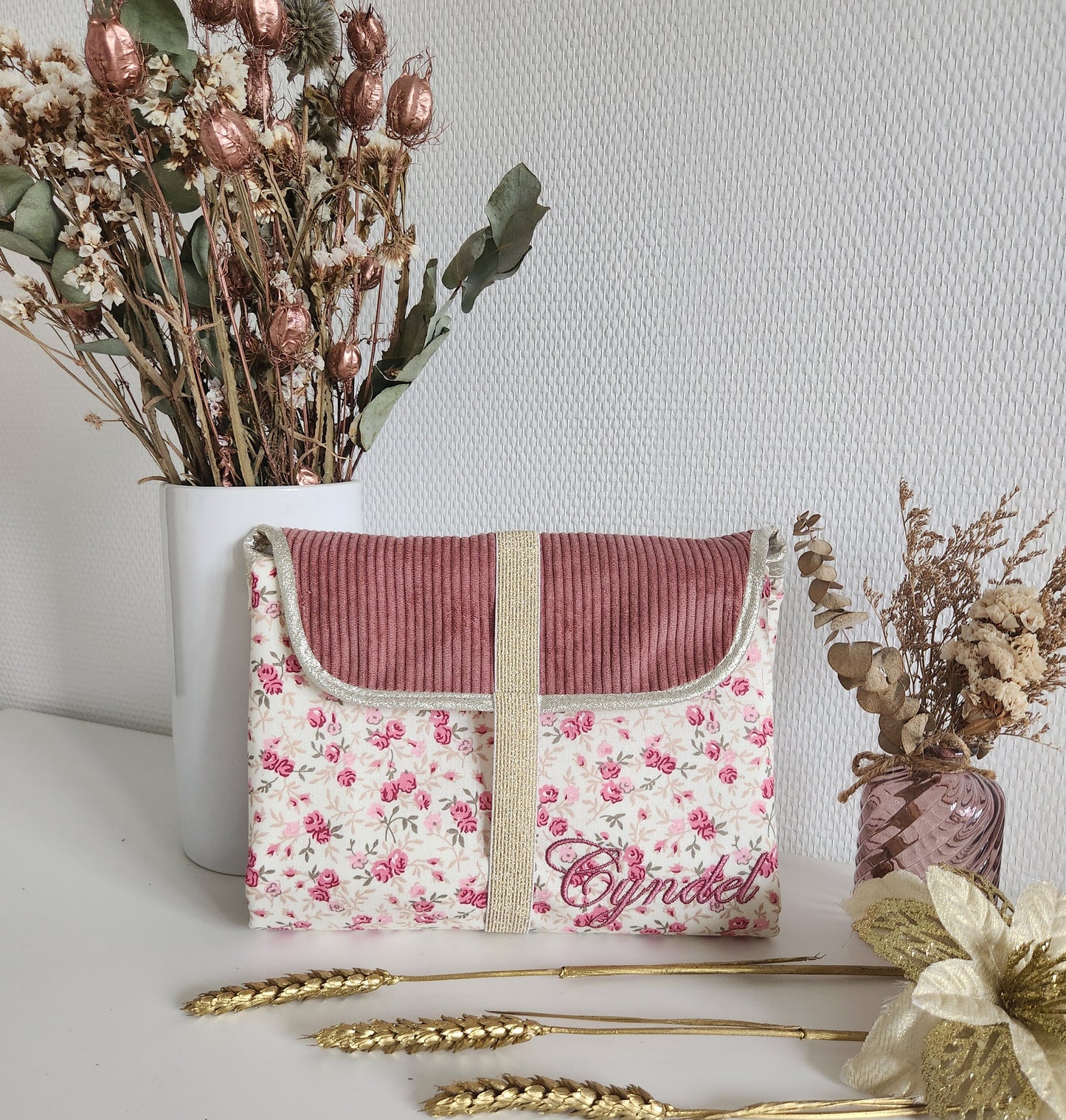 Portable changing mat, shimmering pale pink and double ecru cotton gauze with gold polka dots
