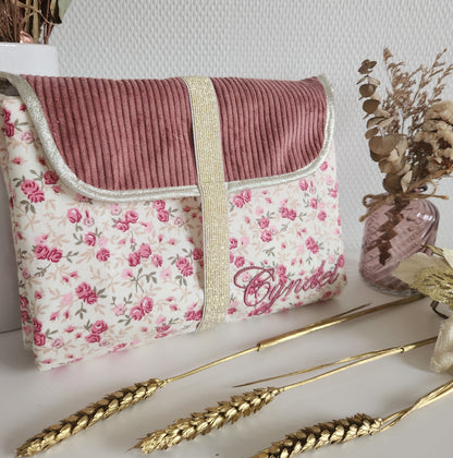 Portable changing mat, shimmering pale pink and double ecru cotton gauze with gold polka dots