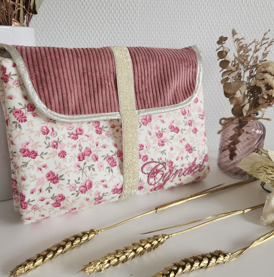 Portable changing mat, shimmering pale pink and double ecru cotton gauze with gold polka dots