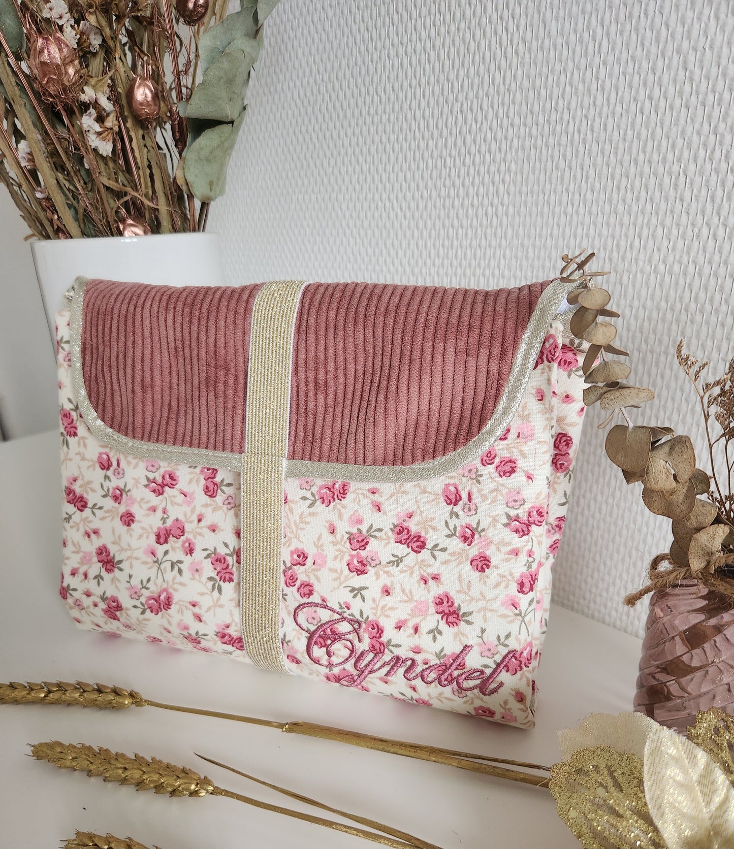 Portable changing mat, shimmering pale pink and double ecru cotton gauze with gold polka dots