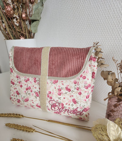 Portable changing mat, shimmering pale pink and double ecru cotton gauze with gold polka dots