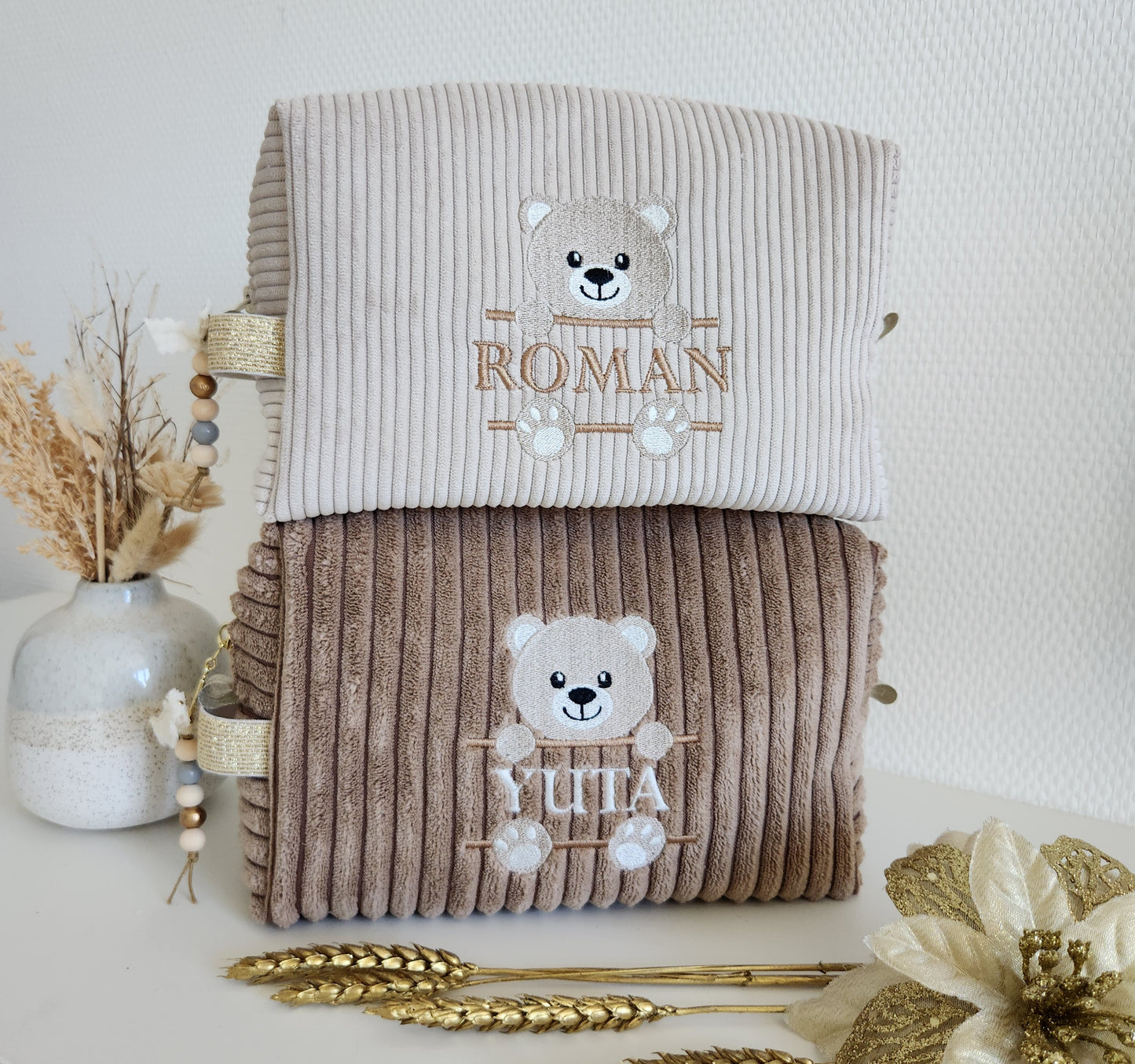 Trousse de toilette en velours côtelé, broderie ourson