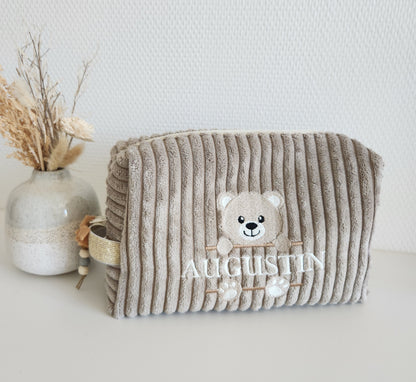 Trousse de toilette en velours côtelé, broderie ourson