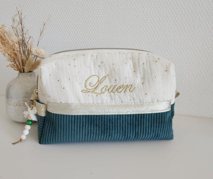 Trousse de toilette en gaze de coton écrue et velours côtelé