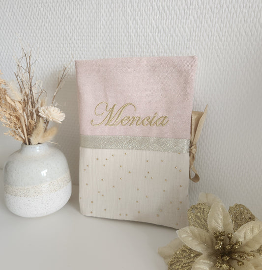 Protège carnet de santé bicolore, coton rose scintillant et gaze de coton écrue