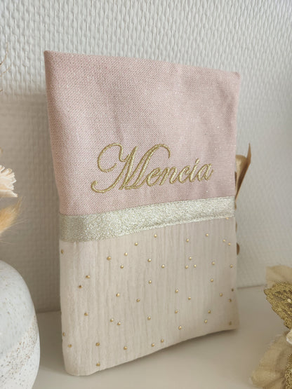 Protège carnet de santé bicolore, coton rose scintillant et gaze de coton écrue