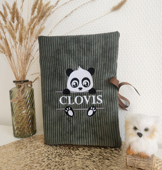 Protège carnet de santé, velours côtelé et broderie panda