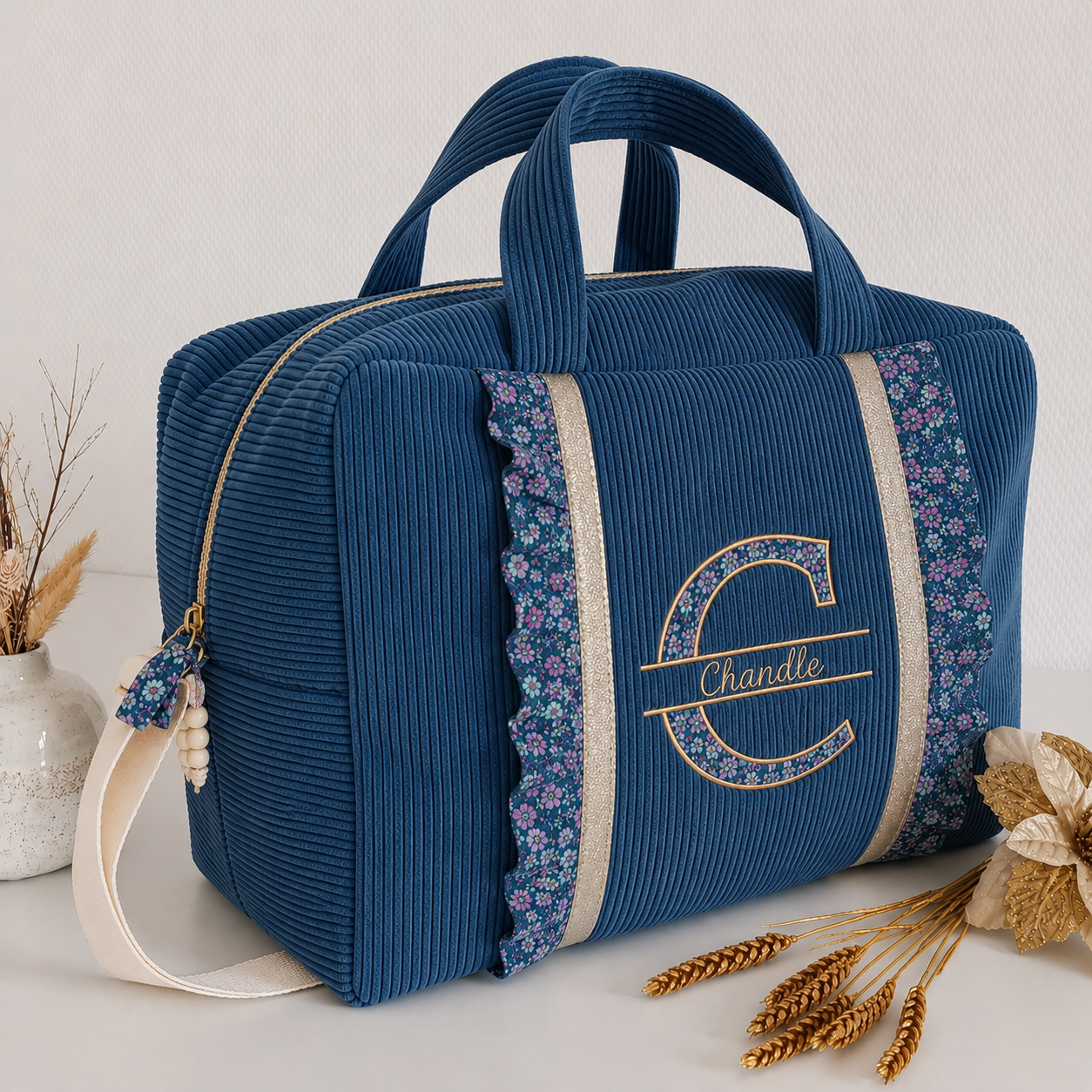 Sac à langer ou de voyage en velours côtelé et volants