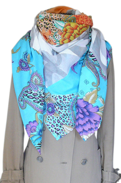Grand foulard carré pour femme, patchwork, oversize, en voile de coton