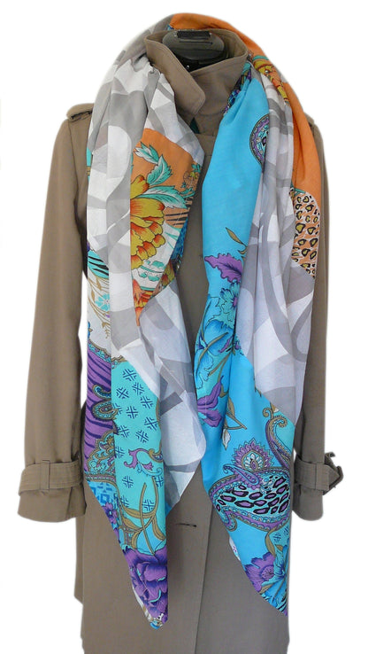 Grand foulard carré pour femme, patchwork, oversize, en voile de coton