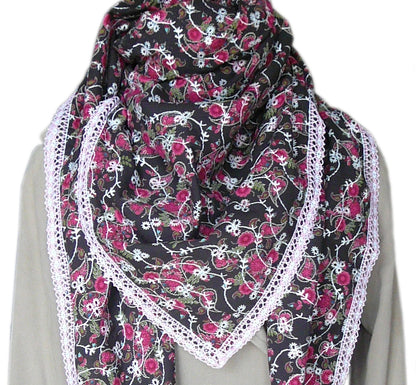 Grand foulard carré femme en coton marron à fleurs fuchsia