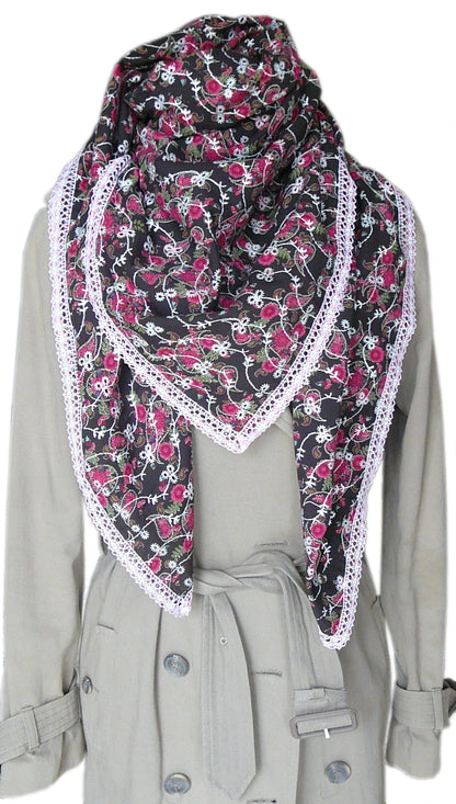 Grand foulard carré femme en coton marron à fleurs fuchsia