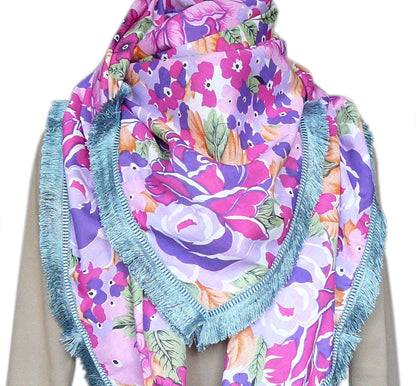 Grand foulard carré femme en voile de coton fleuri rose/violet