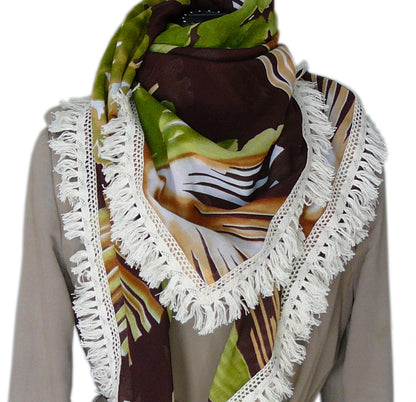 Grand foulard carré femme, en coton fleuri marron/vert/orange