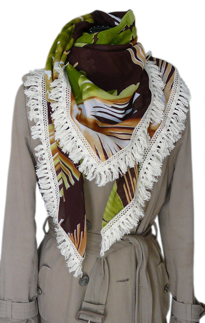 Grand foulard carré femme, en coton fleuri marron/vert/orange