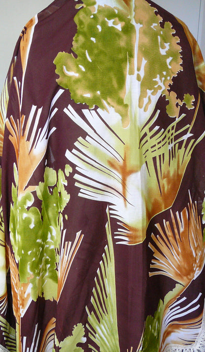 Grand foulard carré femme, en coton fleuri marron/vert/orange