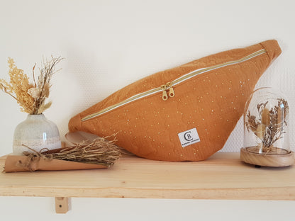 Sac banane, double gaze de coton matelassée à pois dorés