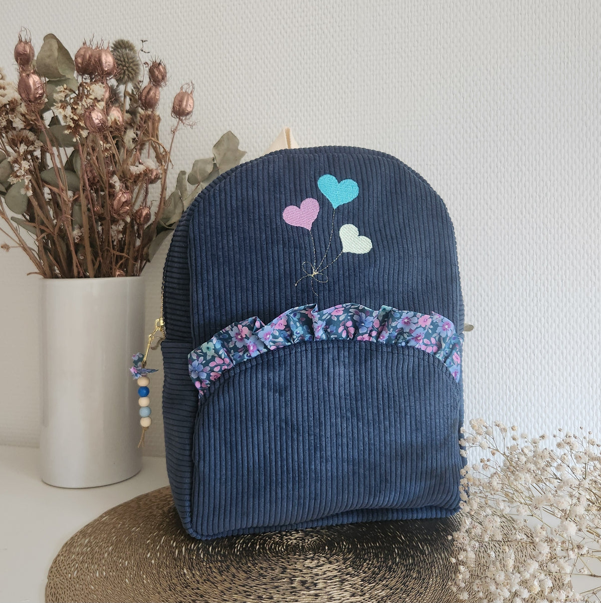 Bestickter Kindergartenrucksack, schimmernde Baumwolle und Liberty