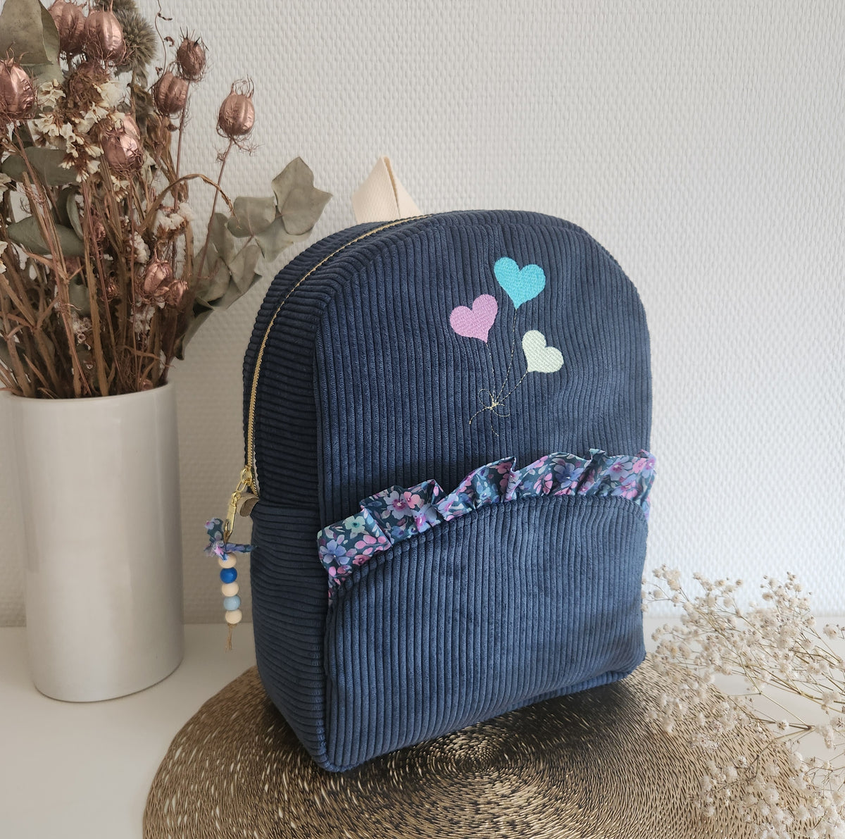 Bestickter Kindergartenrucksack, schimmernde Baumwolle und Liberty